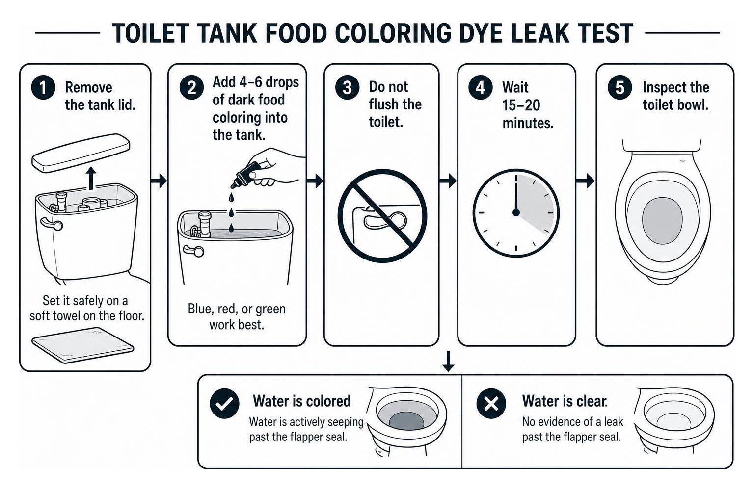 Step-by-step toilet tank food coloring dye leak test sequence