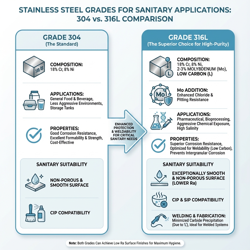 Comparison of Stainless Steel Grades 304 vs. 316L for sanitary applications - copper tube compression fittings infographic