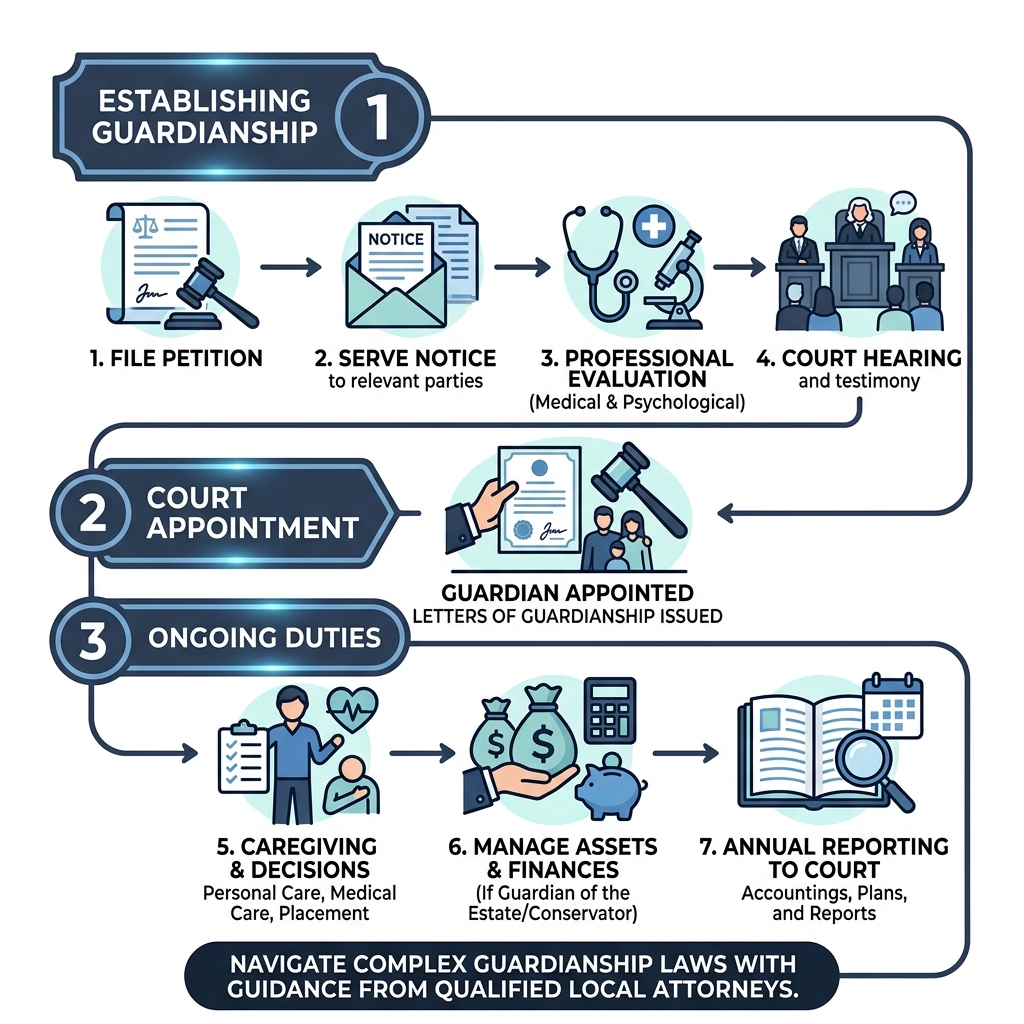 Infographic showing the guardianship lifecycle from petition filing to court appointment and ongoing duties - guardianship