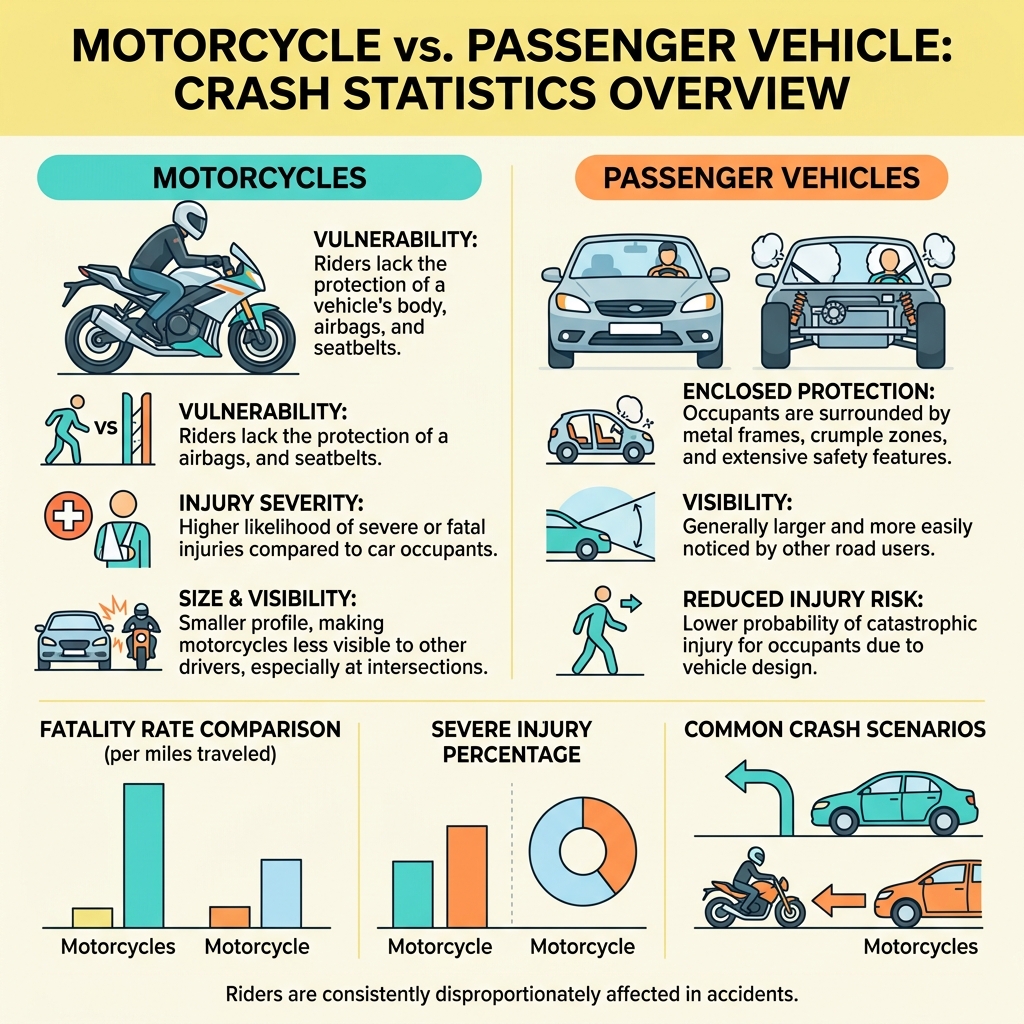 Motorcycle vs. passenger vehicle crash statistics infographic