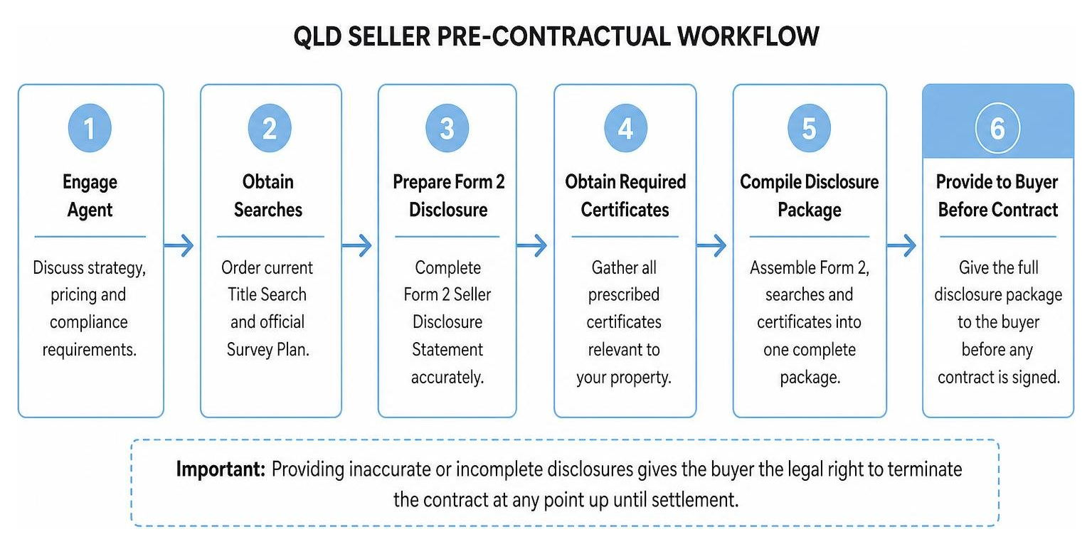 Diagram showing the pre-contractual workflow for a Queensland property seller Diagram showing the pre-contractual workflow for a Queensland property seller