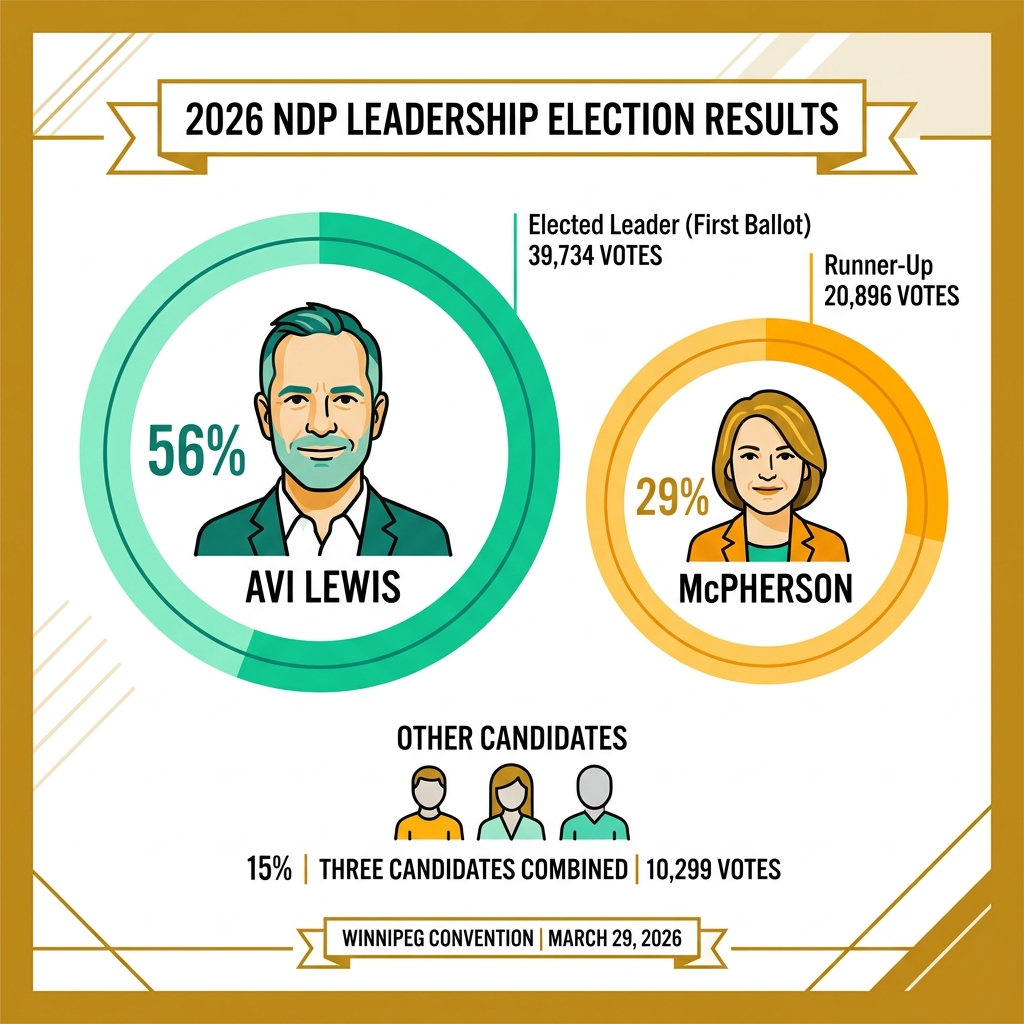 2026 NDP leadership election results infographic showing Avi Lewis at 56%, McPherson at 29% - Avi Lewis infographic 