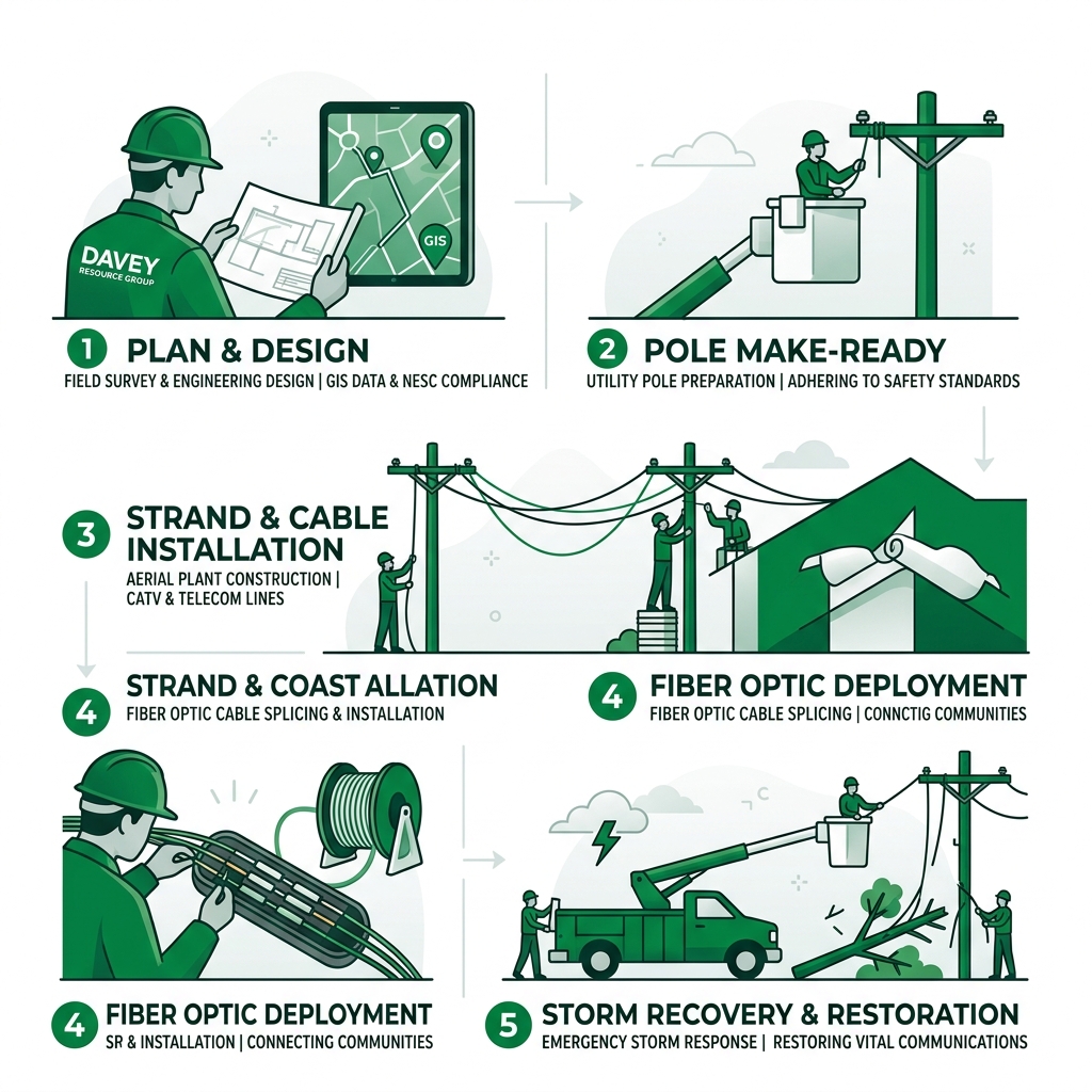 Lifecycle of communications line construction from design to fiber deployment to storm recovery infographic Lifecycle of communications line construction from design to fiber deployment to storm recovery infographic