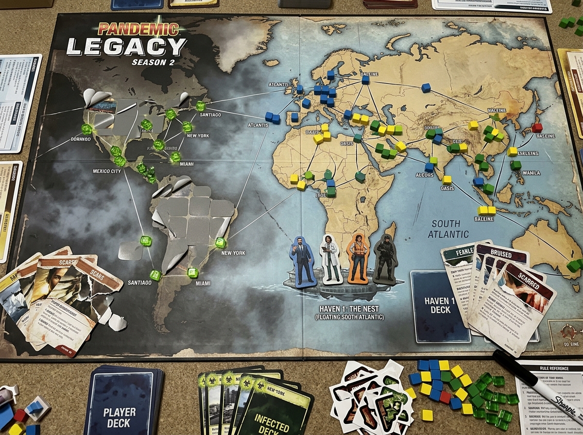 Pandemic Legacy Season 2 game board with stickers and components - pandemic legacy season 2 Pandemic Legacy Season 2 game board with stickers and components - pandemic legacy season 2