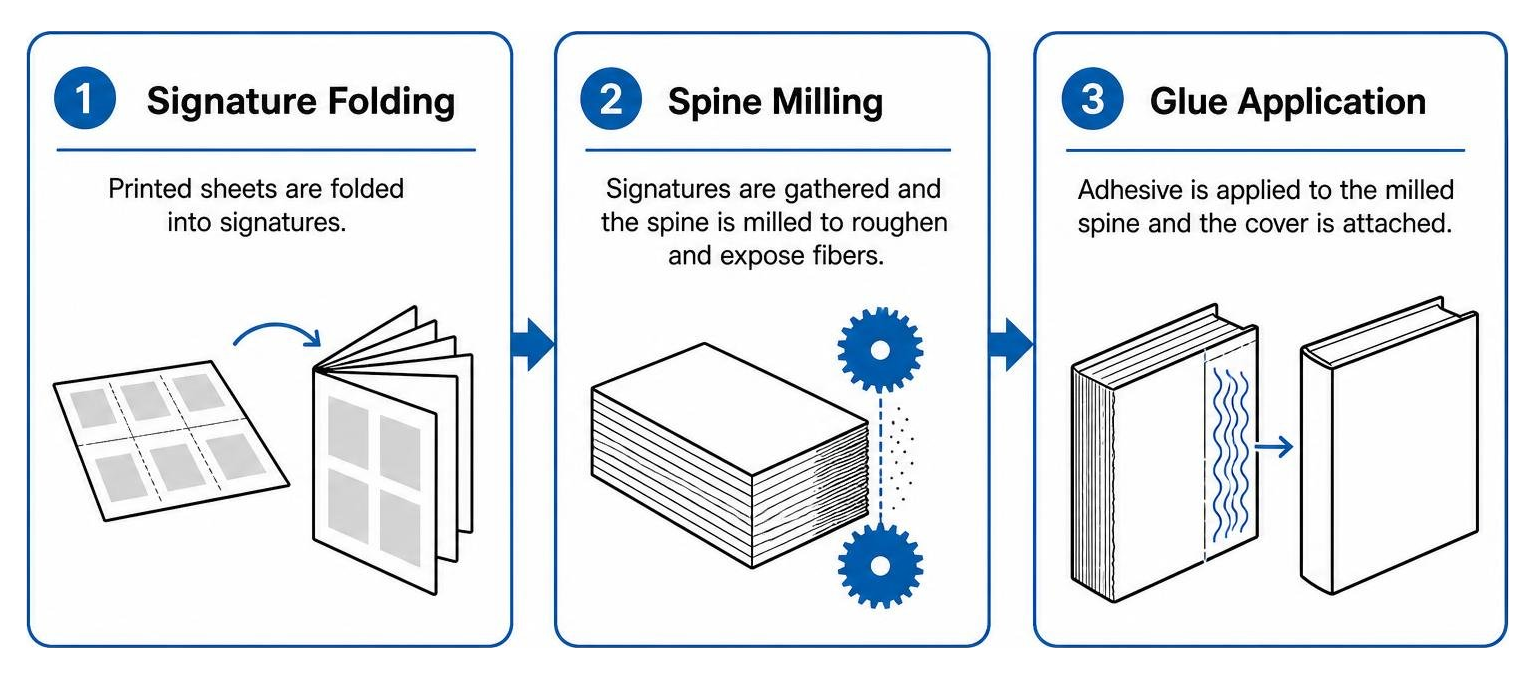 Diagram showing signature folding, spine milling, and glue application in softcover binding Diagram showing signature folding, spine milling, and glue application in softcover binding