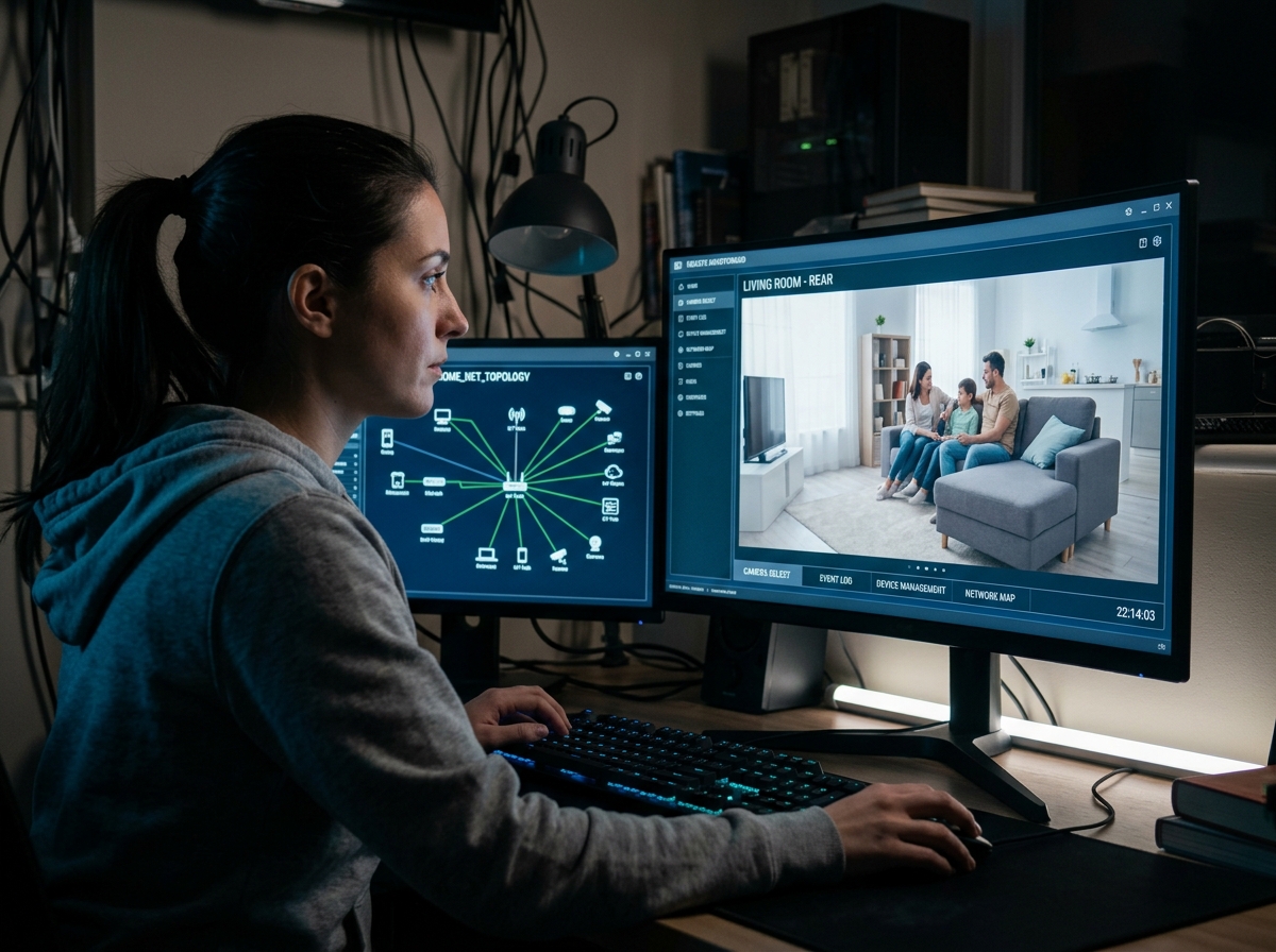 A hacker accessing a home security camera interface remotely - Smart home hijacking scam