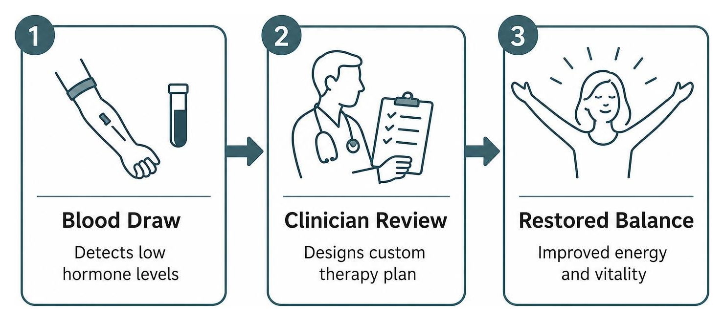 Concept diagram showing how hormone optimization restores balance: blood draw detects low levels, clinician designs custom