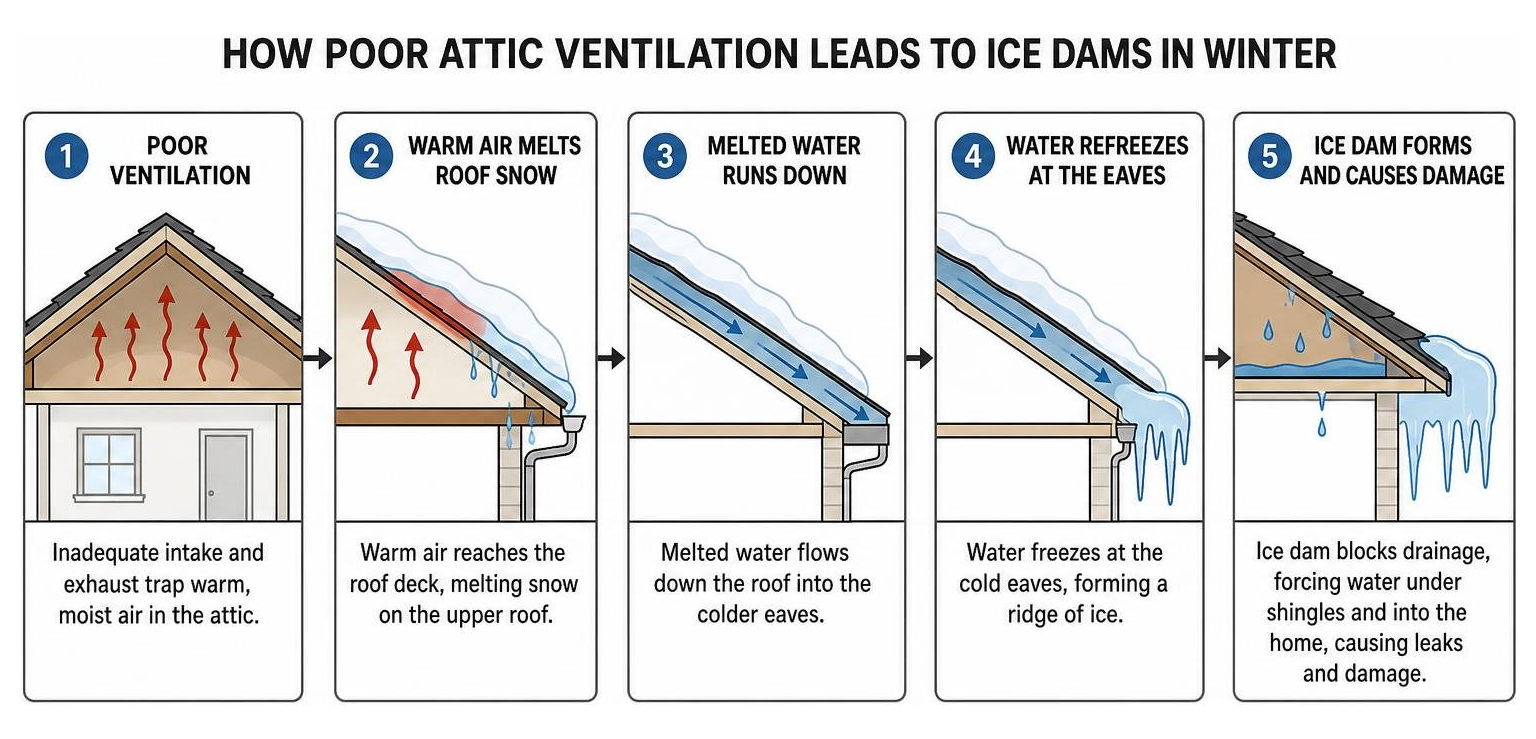 Diagram showing how poor attic ventilation leads to ice dams in winter