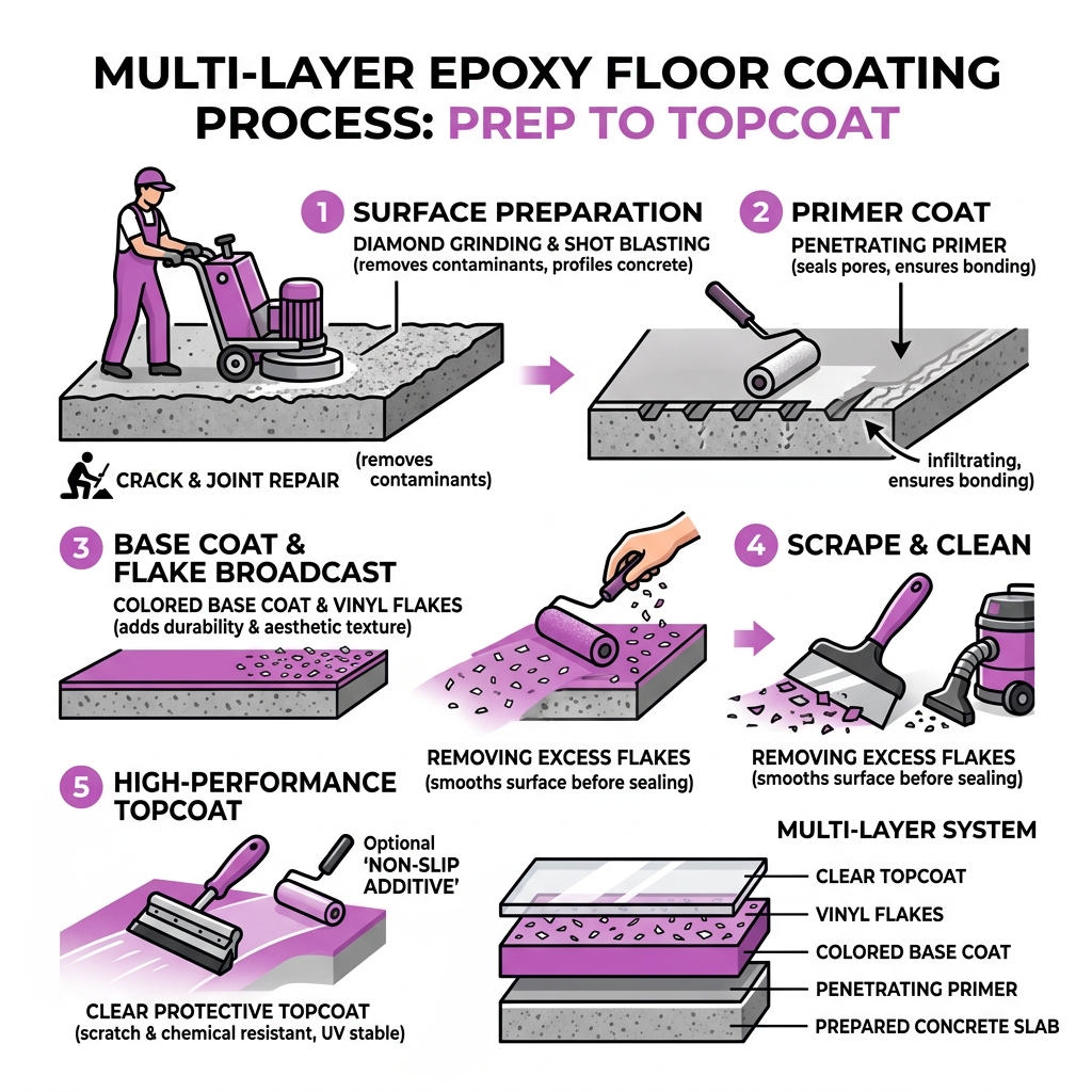 Multi-layer epoxy floor coating process from surface prep to topcoat - epoxy floor service infographic Multi-layer epoxy floor coating process from surface prep to topcoat - epoxy floor service infographic