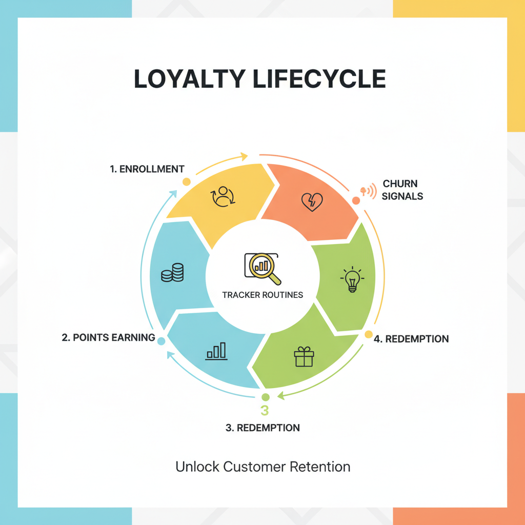 Loyalty lifecycle infographic from enrollment through points earning, activation, redemption, and churn signals - loyalty Loyalty lifecycle infographic from enrollment through points earning, activation, redemption, and churn signals - loyalty