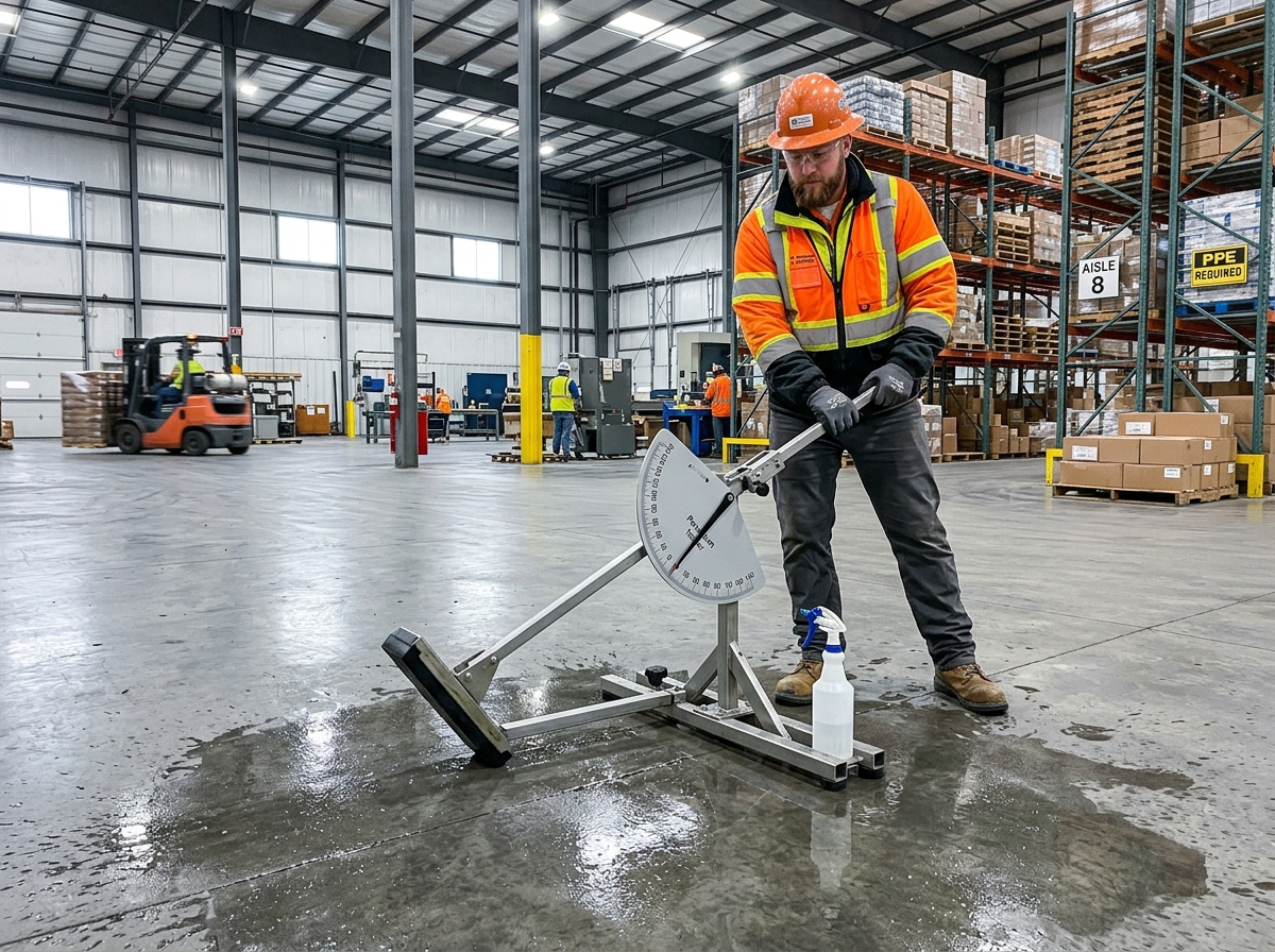 pendulum slip resistance test in progress on a commercial floor - safety flooring