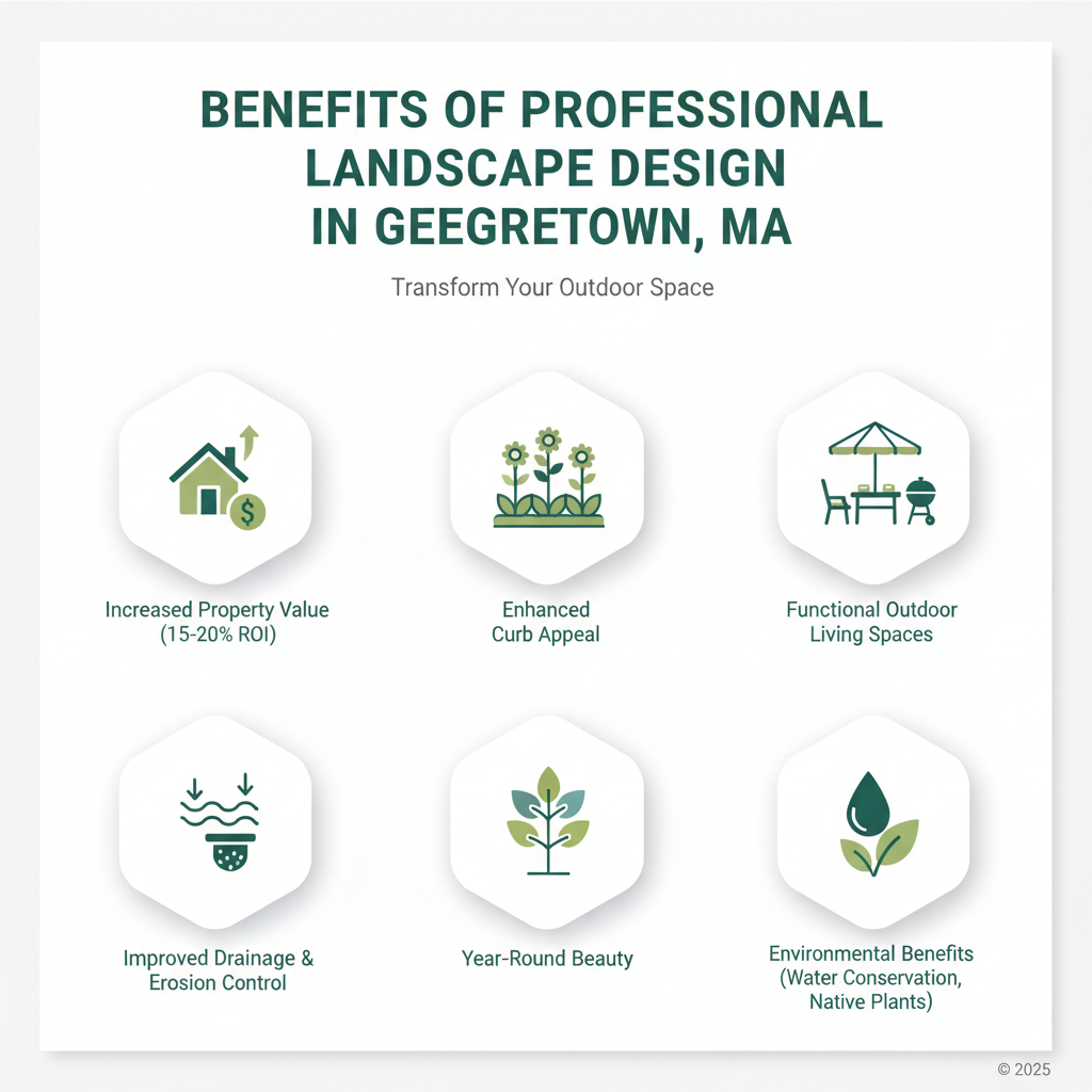 Infographic showing the key benefits of professional landscape design in Georgetown MA: increased property value (15-20% ROI), enhanced curb appeal, functional outdoor living spaces for entertainment and relaxation, improved drainage and erosion control, year-year-round beauty through seasonal planning, and environmental benefits including water conservation and native plantings - Georgetown MA landscape design infographic Infographic showing the key benefits of professional landscape design in Georgetown MA: increased property value (15-20% ROI), enhanced curb appeal, functional outdoor living spaces for entertainment and relaxation, improved drainage and erosion control, year-year-round beauty through seasonal planning, and environmental benefits including water conservation and native plantings - Georgetown MA landscape design infographic