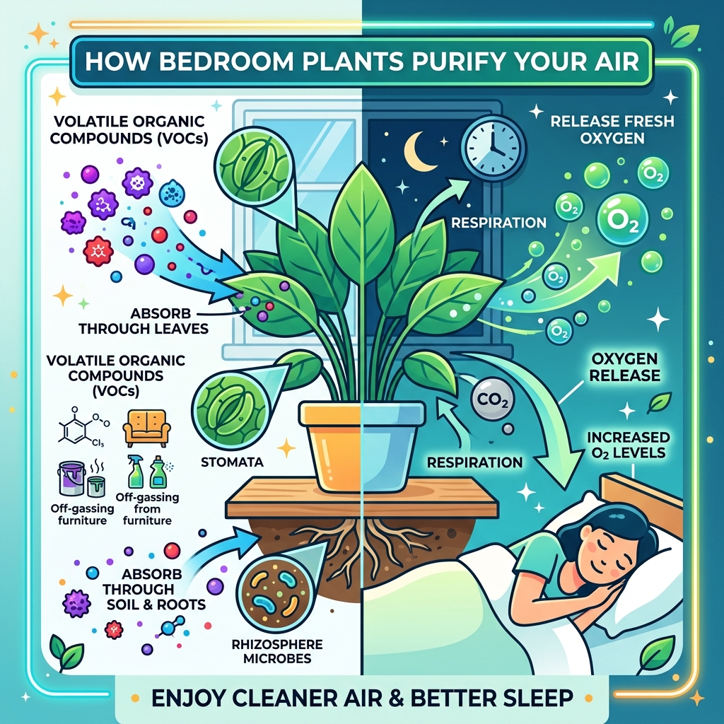 Infographic showing how bedroom plants absorb VOCs through leaves and soil and release oxygen - air purifying plants bedroom