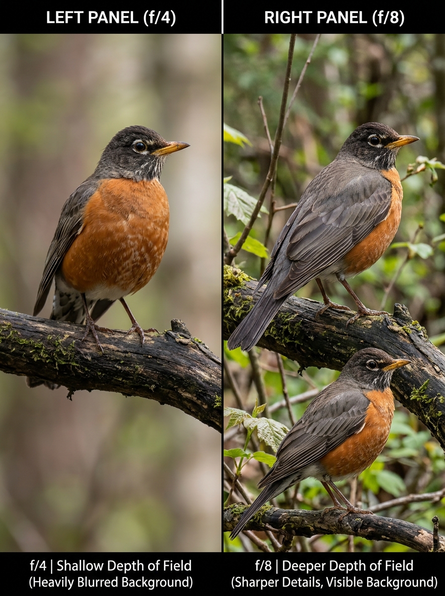 comparison of a bird shot at f/4 with shallow depth of field versus f/8 with more detail - best f stop for bird photography