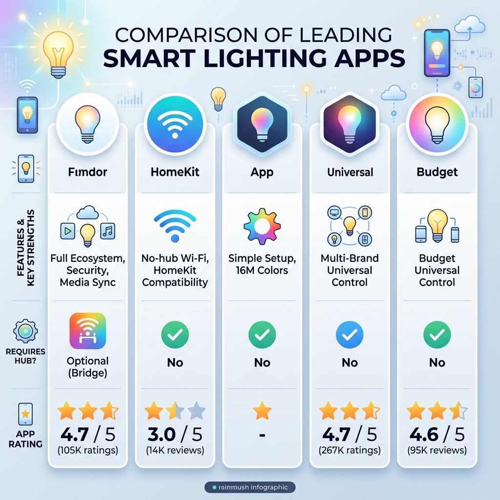 comparison infographic of top smart lighting apps by features ratings and hub requirements - app based smart lighting