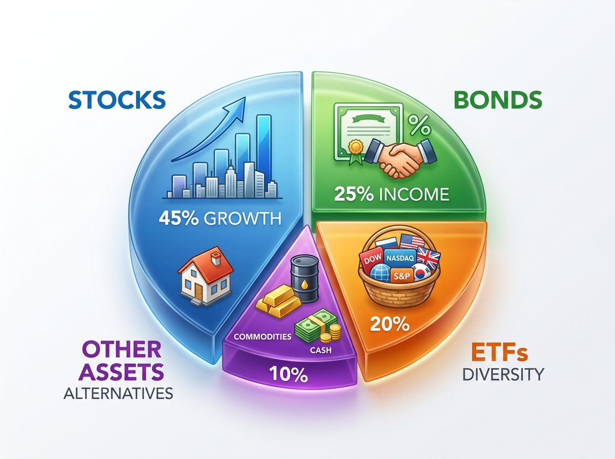 Diversified portfolio icon representing various asset classes like stocks, bonds, and ETFs - online brokerage firms