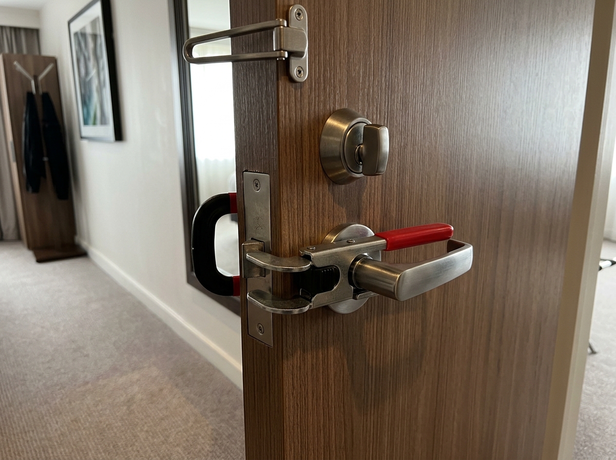 Portable door lock being used on a hotel room door for extra security - low cost travel safety gear