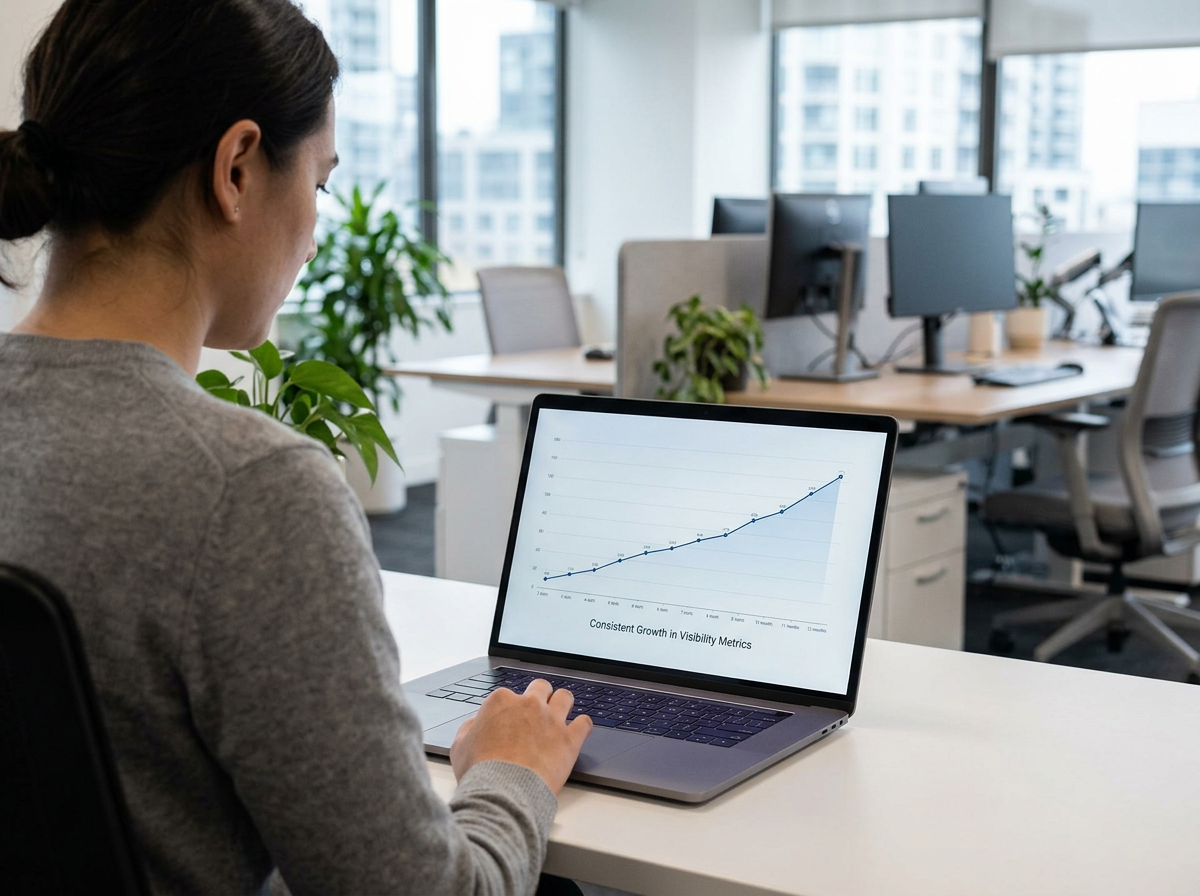Woman analyzing SEO performance graph on laptop, illustrating consistent growth in visibility metrics.