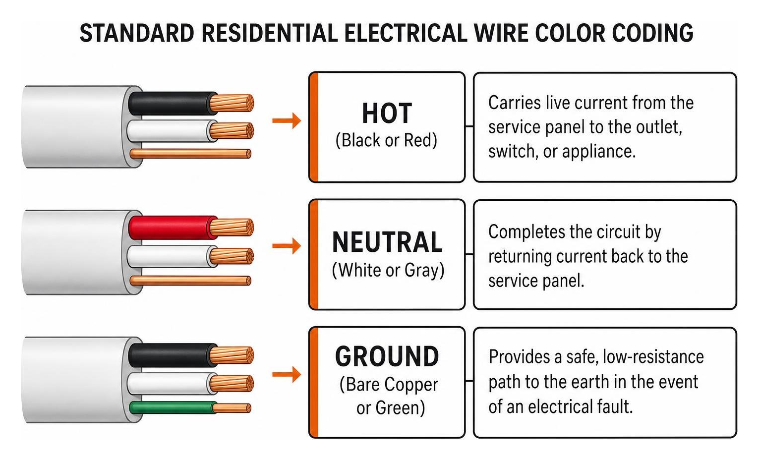 Standard residential electrical wire color coding: Hot, Neutral, and Ground