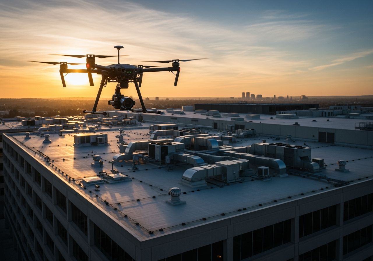 Drone flying over a large commercial property for a roof survey - roof inspection windermere Drone flying over a large commercial property for a roof survey - roof inspection windermere
