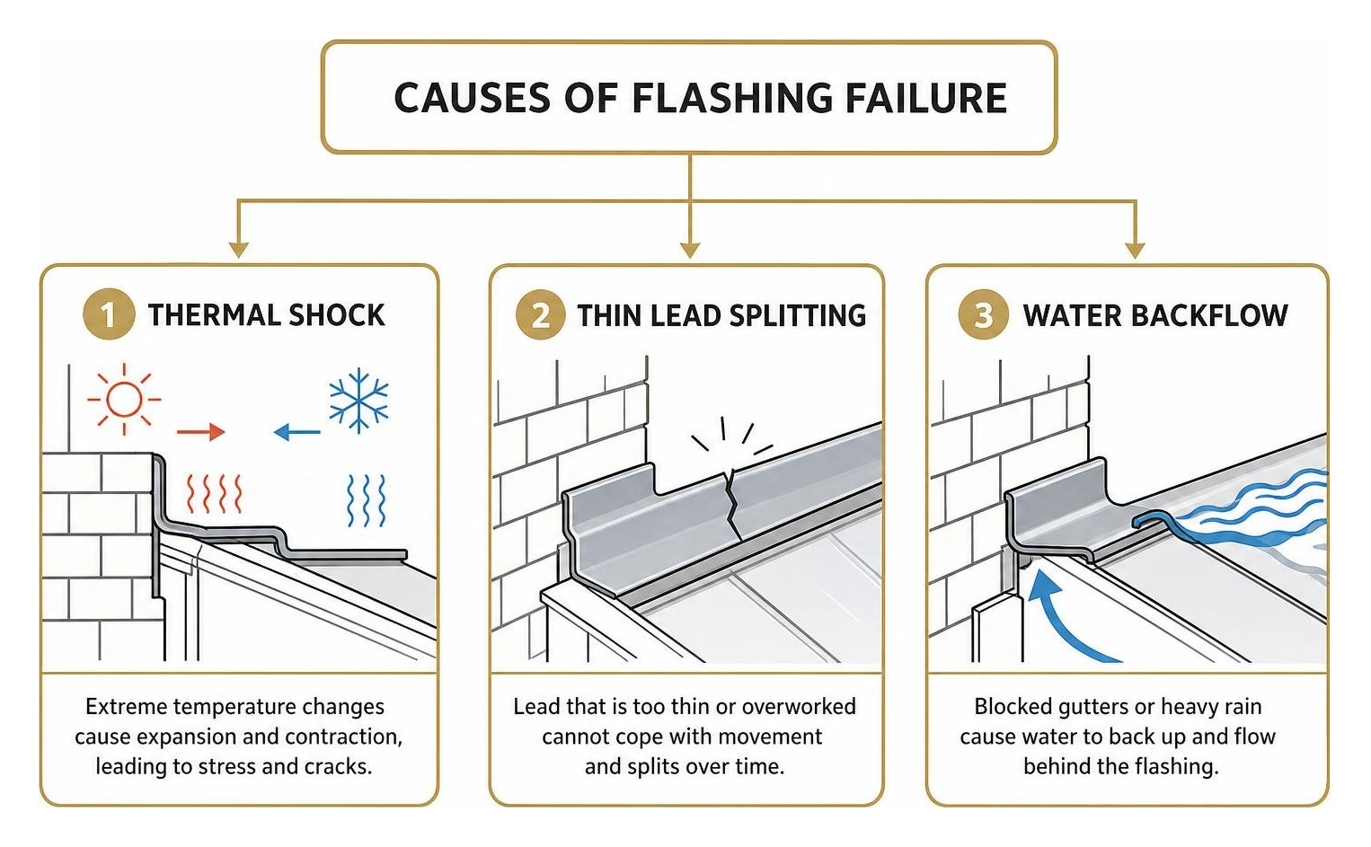 Diagram showing causes of flashing failure including thermal shock, thin lead splitting, and water backflow