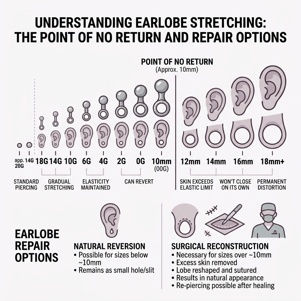 Infographic showing the point of no return for earlobe stretching, gauge sizes, and repair options - ear gauge repair