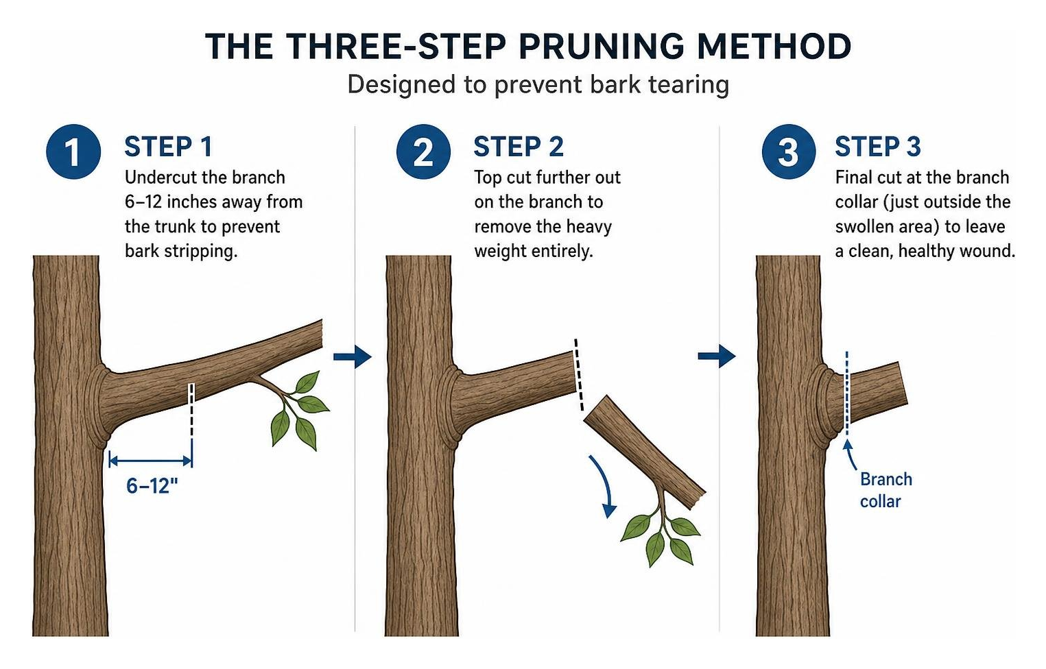 The three-step pruning method designed to prevent bark tearing