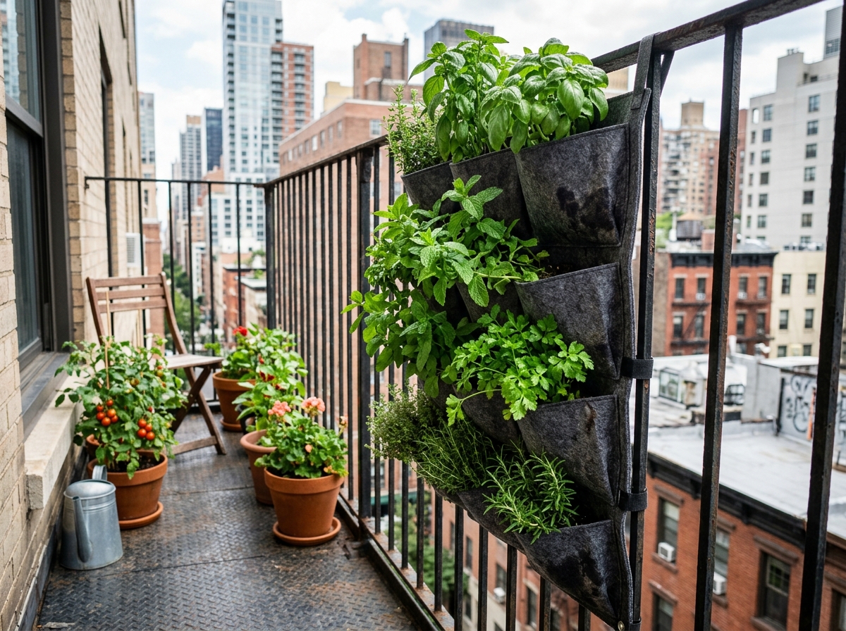 Vertical tiered planters on a narrow balcony showing space-saving herb growth - small balcony herb planters