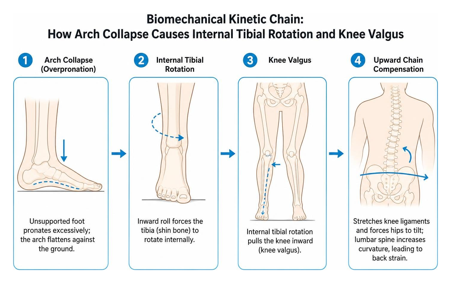 Biomechanical kinetic chain showing how arch collapse causes internal tibial rotation and knee valgus Biomechanical kinetic chain showing how arch collapse causes internal tibial rotation and knee valgus