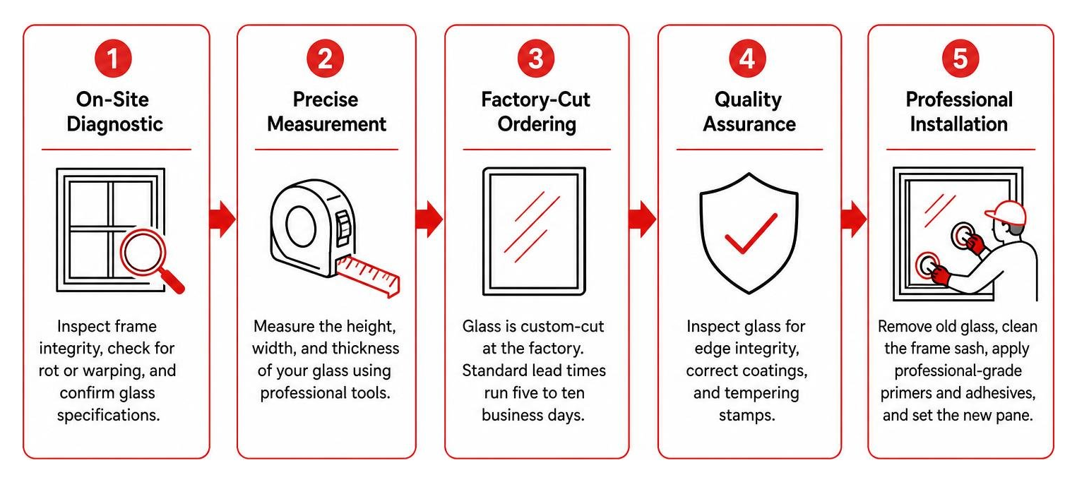 Diagram showing the step-by-step professional glass replacement process from diagnostic to walkthrough