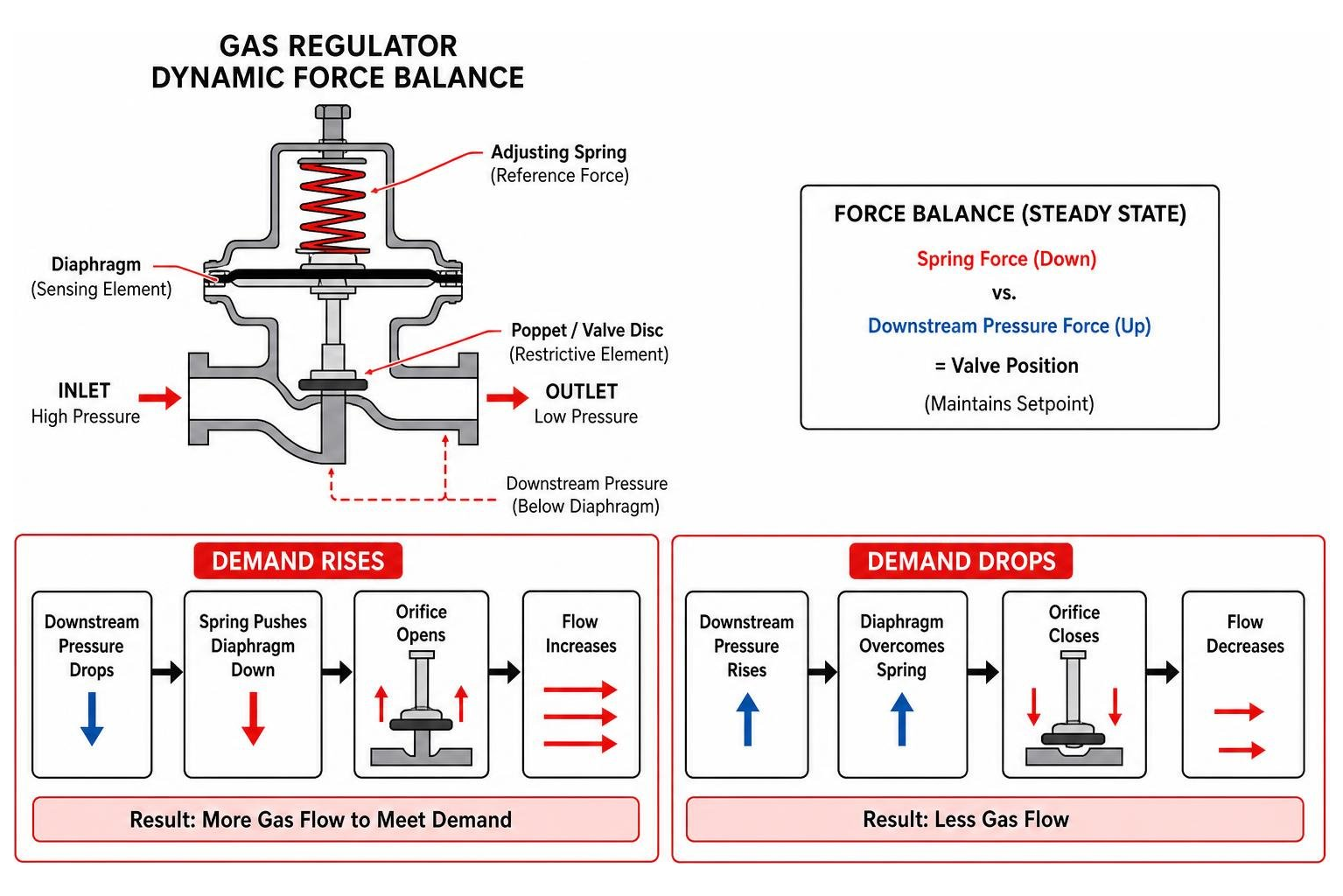 Gas regulator dynamic force balance mechanism Gas regulator dynamic force balance mechanism