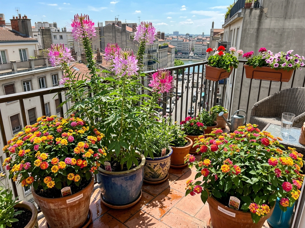 Vibrant Lantana and Cleome in colorful balcony pots - heat tolerant balcony blooms