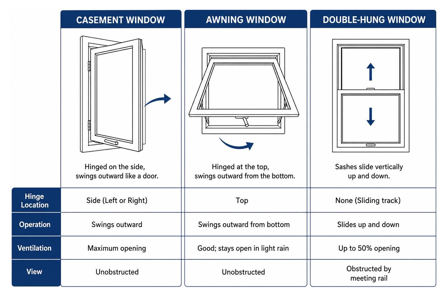 Comparison of casement, awning, and double-hung window operation types Comparison of casement, awning, and double-hung window operation types