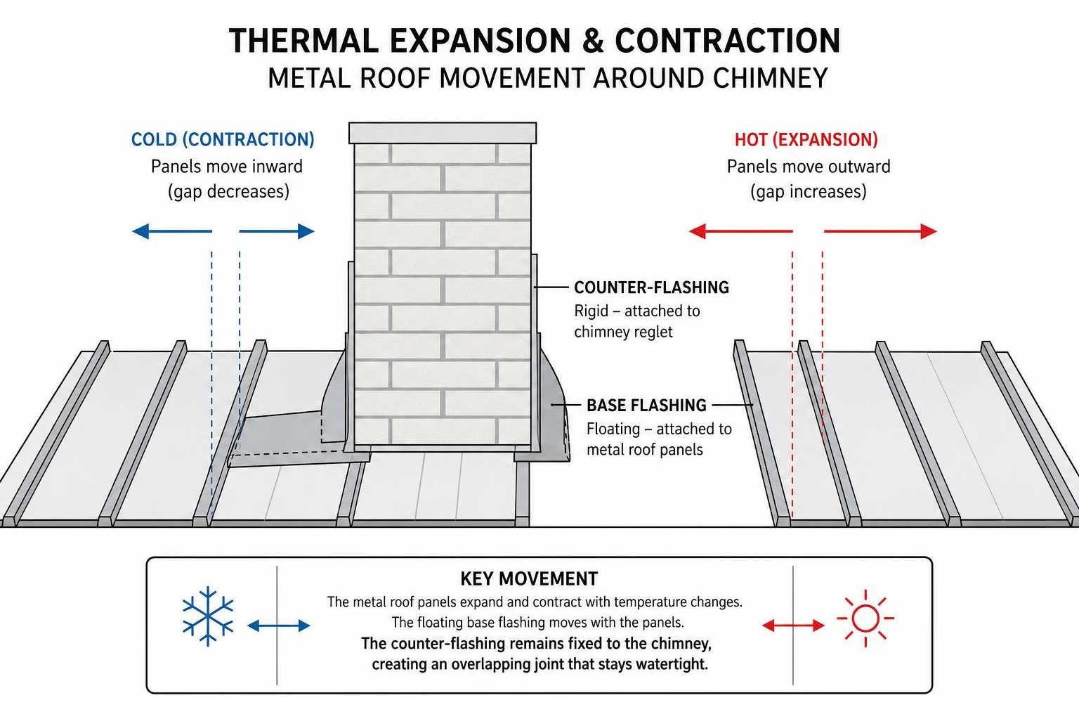 diagram of thermal expansion and contraction movement vectors on a metal roof surrounding a masonry chimney