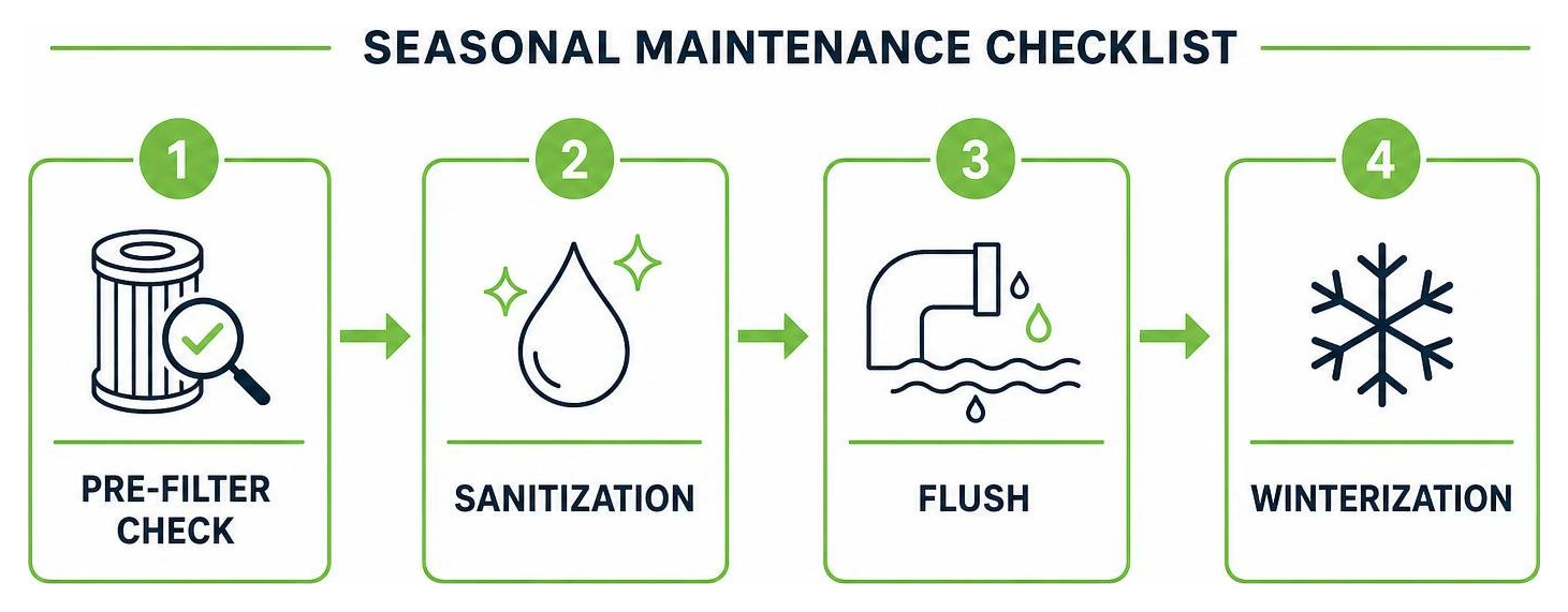 Diagram of seasonal maintenance checklist including pre-filter check, sanitization, flush, and winterization