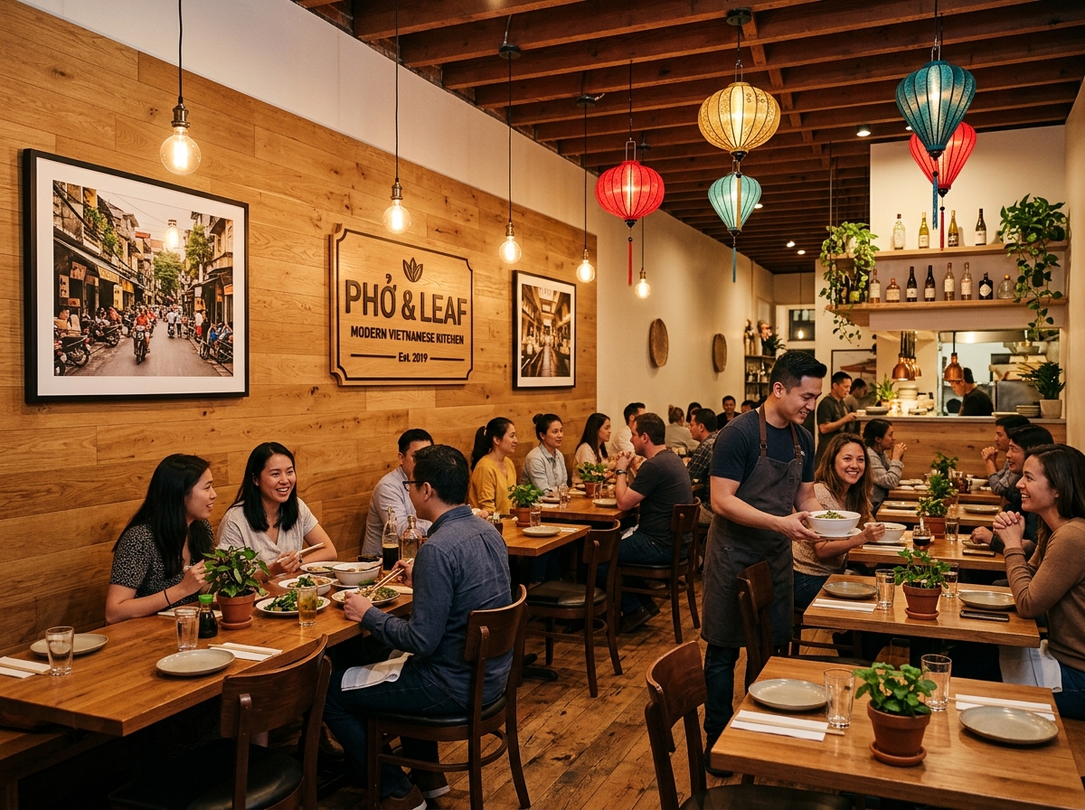 Modern Vietnamese bistro interior with warm lighting and wooden accents - vietnamese food near me