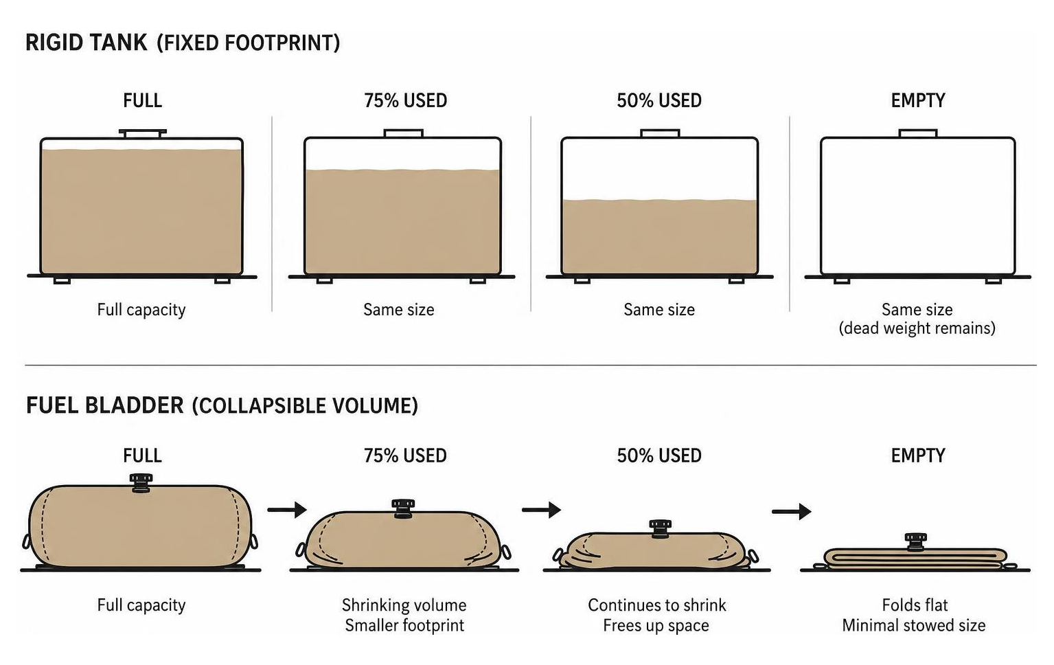 Diagram comparing a rigid tank's fixed footprint to a collapsible fuel bladder's shrinking volume during use Diagram comparing a rigid tank's fixed footprint to a collapsible fuel bladder's shrinking volume during use