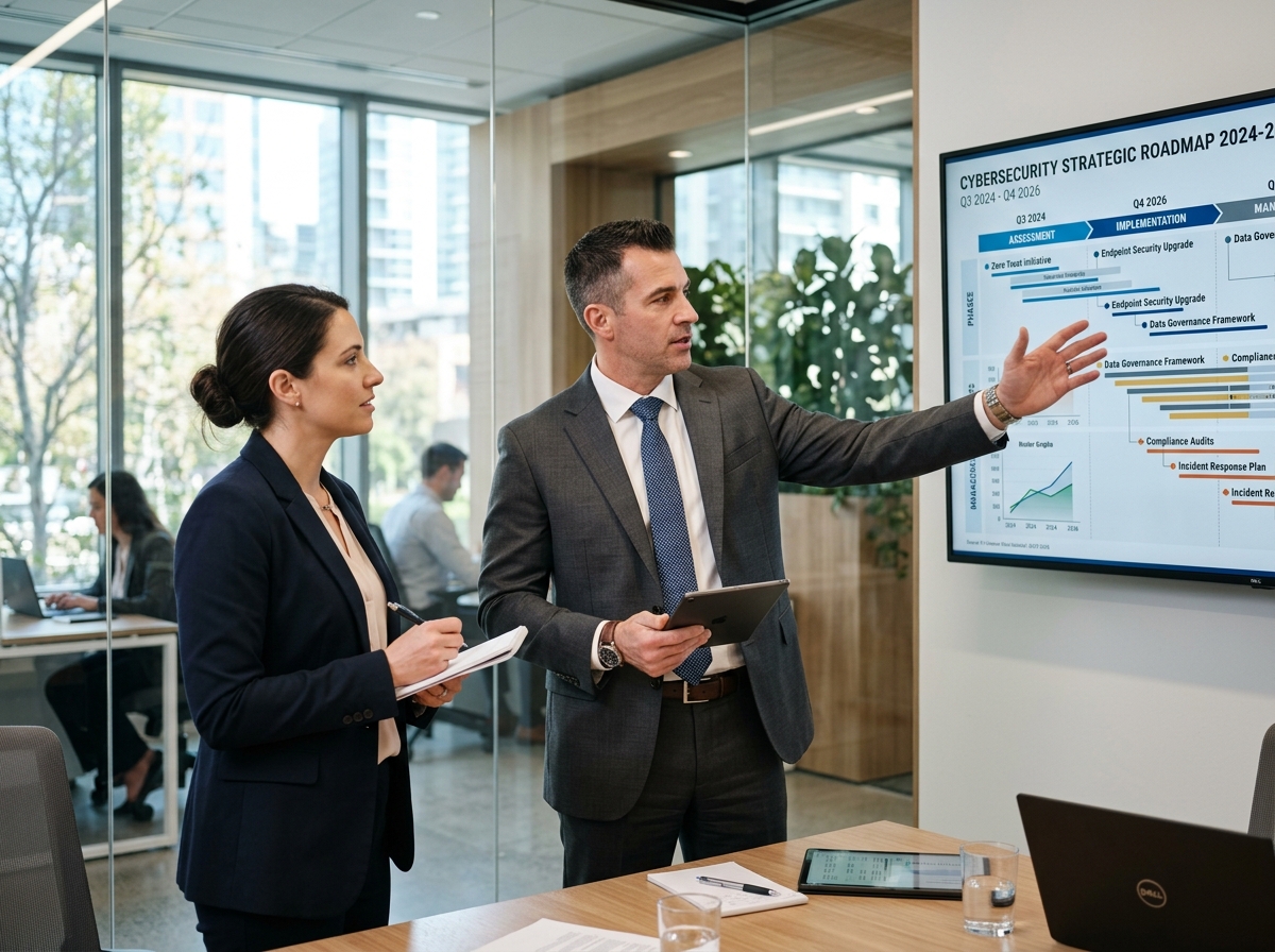Professional consultant reviewing a security roadmap with a client in a modern office - NIST compliance consulting