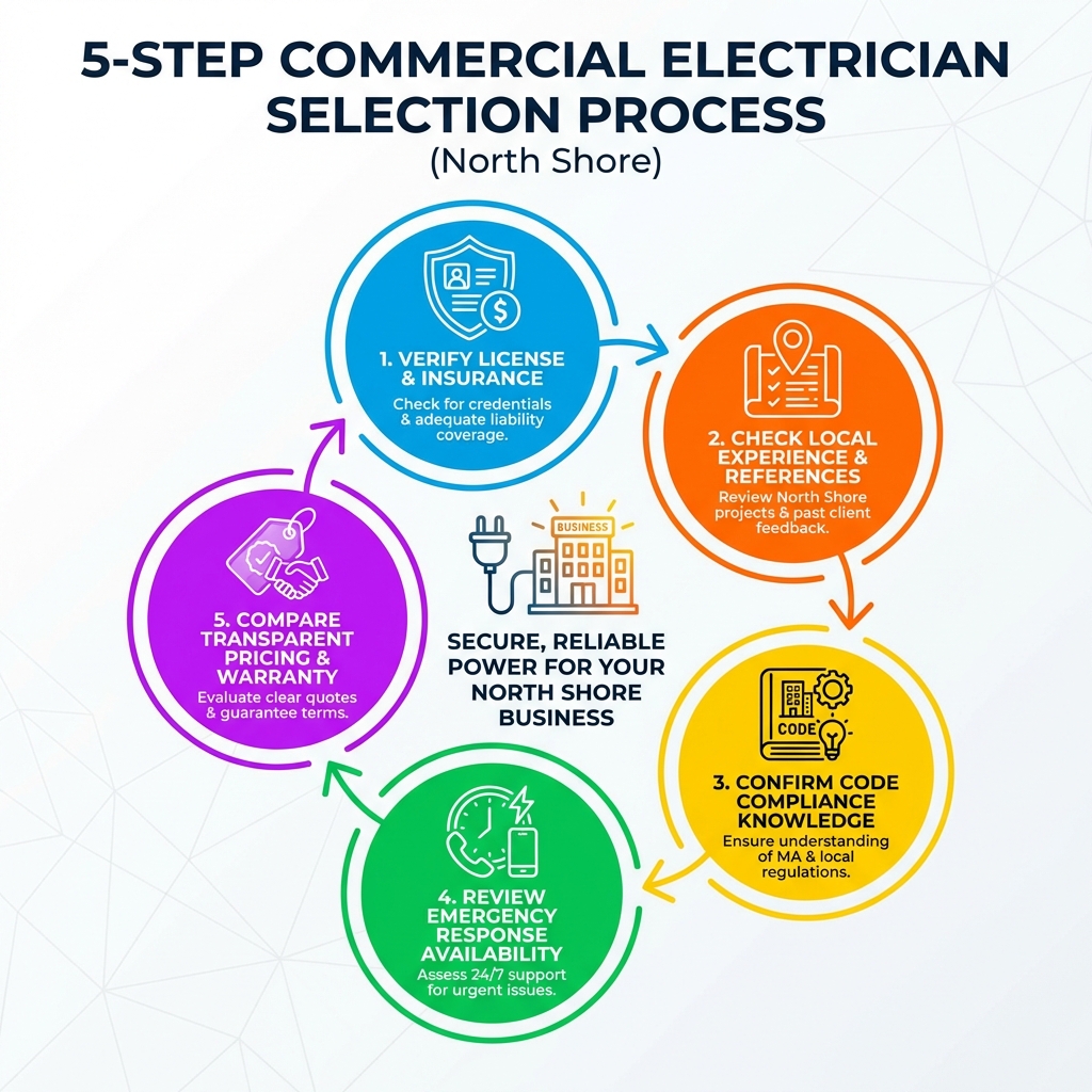 infographic showing 5-step commercial electrician selection process: 1. verify license and insurance credentials, 2. check local project experience and references, 3. confirm code compliance knowledge, 4. review emergency response availability, 5. compare transparent pricing and warranty terms - Commercial Electrician North Shore infographic infographic showing 5-step commercial electrician selection process: 1. verify license and insurance credentials, 2. check local project experience and references, 3. confirm code compliance knowledge, 4. review emergency response availability, 5. compare transparent pricing and warranty terms - Commercial Electrician North Shore infographic
