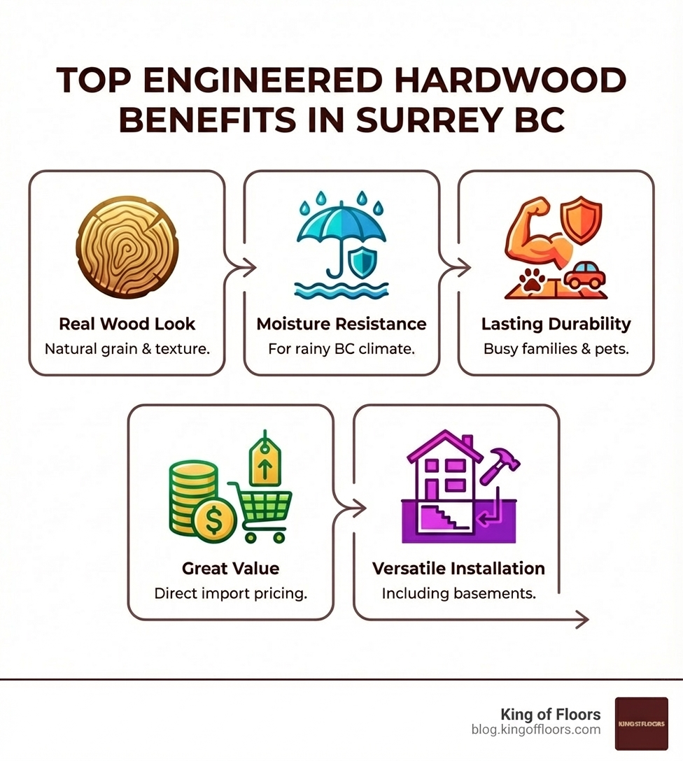 Infographic showing top engineered hardwood benefits in Surrey BC: Real Wood Look with natural grain and texture, Moisture Resistance for rainy BC climate, Lasting Durability for busy families and pets, Great Value from direct import pricing, and Versatile Installation including basements - hardwood flooring surrey bc infographic Infographic showing top engineered hardwood benefits in Surrey BC: Real Wood Look with natural grain and texture, Moisture Resistance for rainy BC climate, Lasting Durability for busy families and pets, Great Value from direct import pricing, and Versatile Installation including basements - hardwood flooring surrey bc infographic