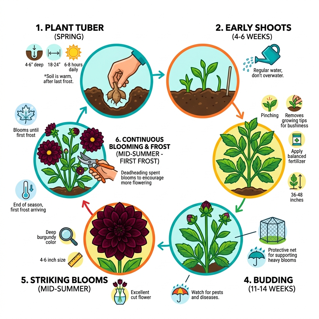 Dahlia Arabian Night life cycle infographic from tuber planting to first frost bloom - dahlia arabian night infographic Dahlia Arabian Night life cycle infographic from tuber planting to first frost bloom - dahlia arabian night infographic