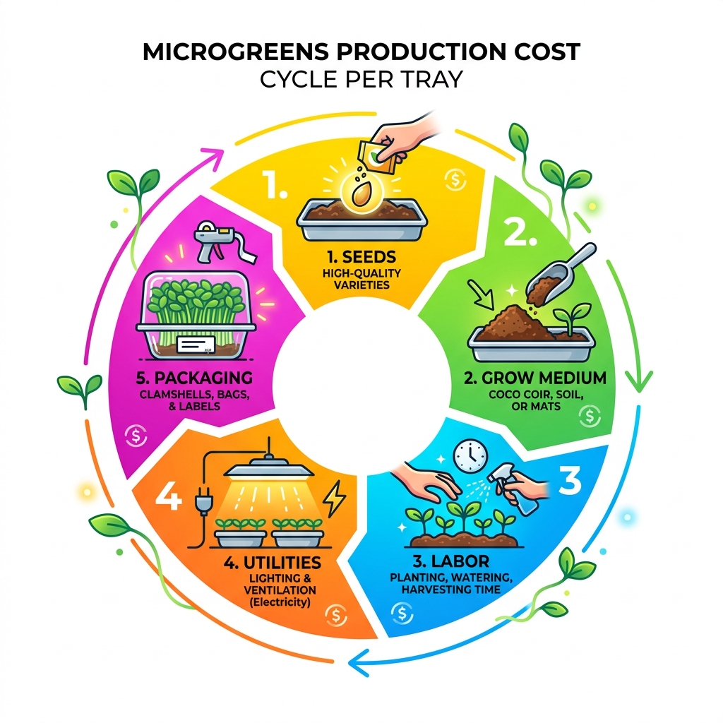 Microgreens production cost cycle showing seeds, grow medium, labor, utilities, and packaging costs per tray - microgreens