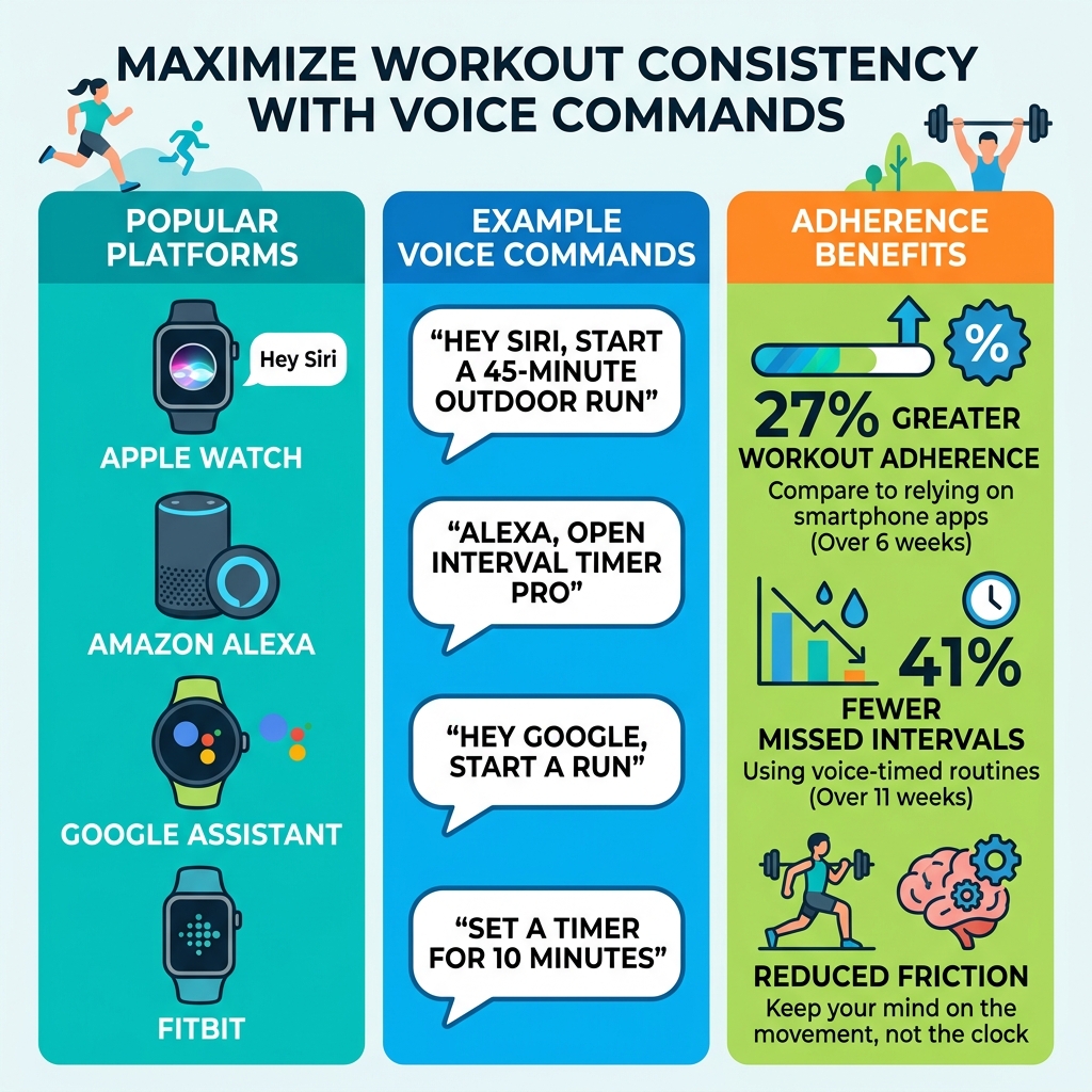 Infographic showing platforms, example voice commands, and adherence benefits of voice-triggered workout reminders - workout