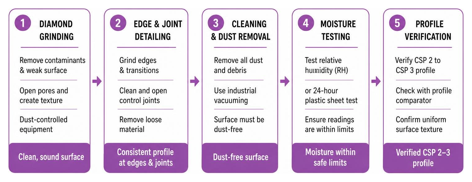 Concrete surface preparation process from diamond grinding to profile verification Concrete surface preparation process from diamond grinding to profile verification