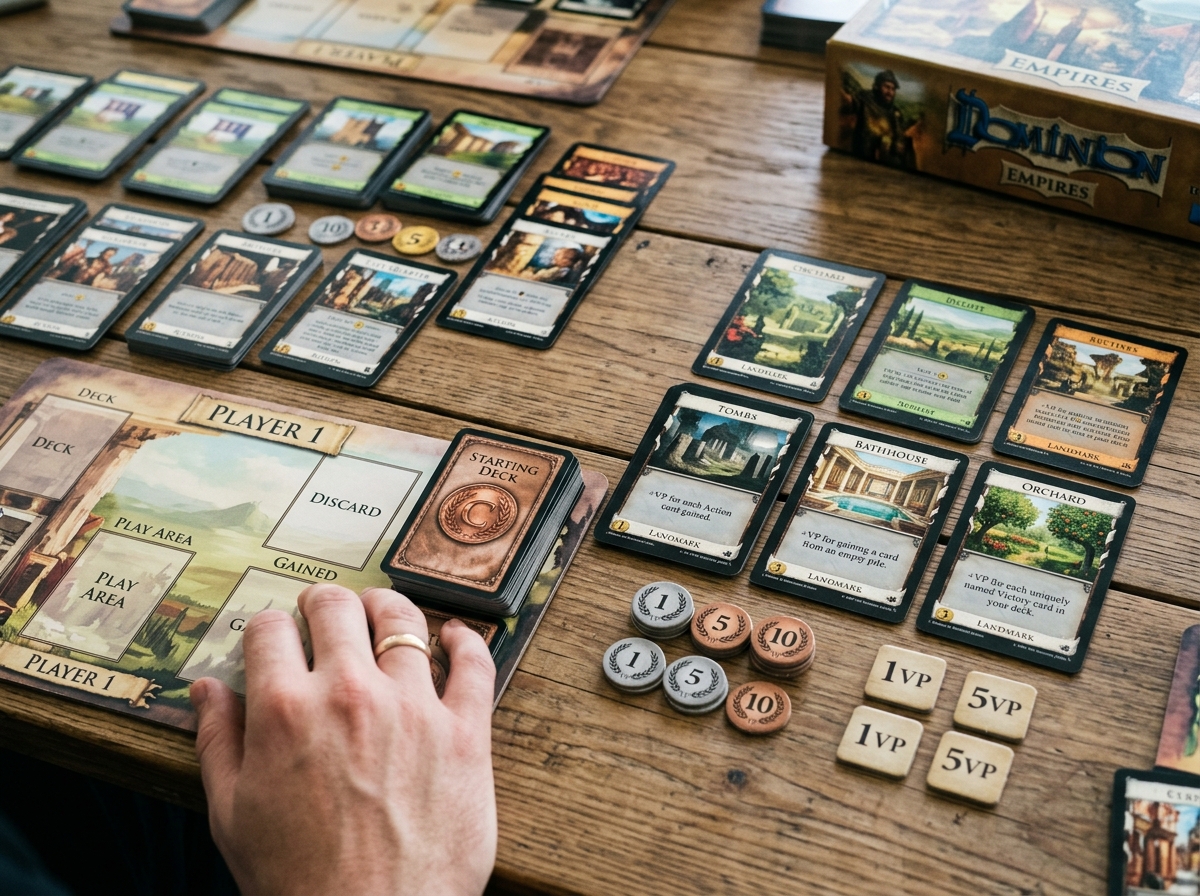 Empires victory tokens and mats with various landmark cards - best dominion expansions