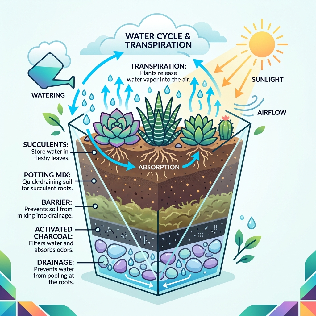 Succulent ecosystem layers and water cycle infographic showing drainage, charcoal, soil, and plant transpiration - beginner Succulent ecosystem layers and water cycle infographic showing drainage, charcoal, soil, and plant transpiration - beginner