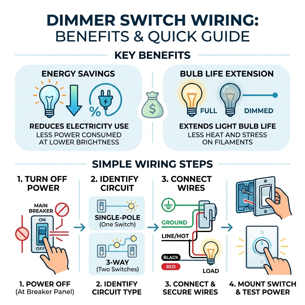 Dimmer switch wiring benefits infographic showing energy savings, bulb life extension, and step-by-step wiring overview Dimmer switch wiring benefits infographic showing energy savings, bulb life extension, and step-by-step wiring overview