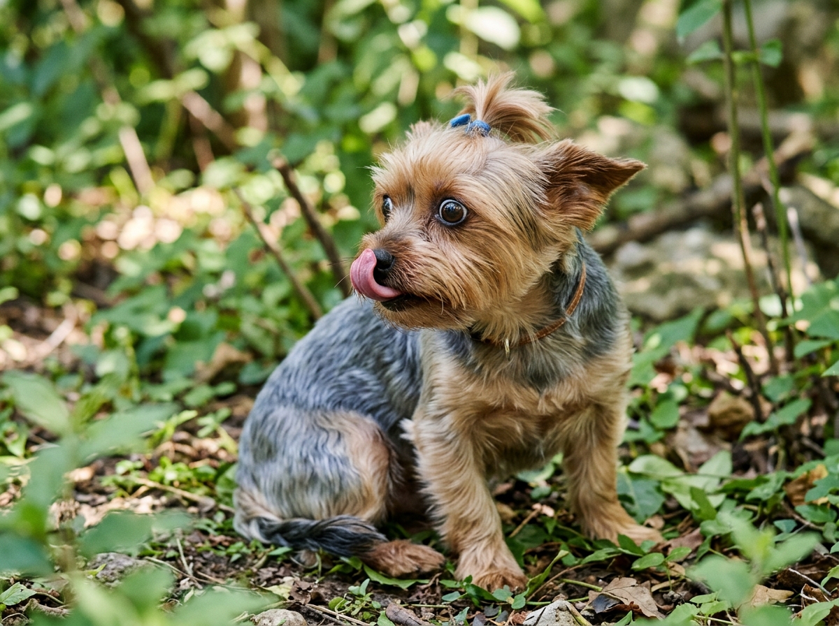 Yorkshire Terrier showing stress signals like lip licking and wide eyes - small dog dominance hierarchy training Yorkshire Terrier showing stress signals like lip licking and wide eyes - small dog dominance hierarchy training