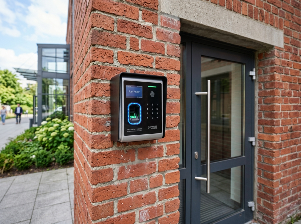 A weatherproof biometric reader installed on an exterior brick wall - fingerprint access control
