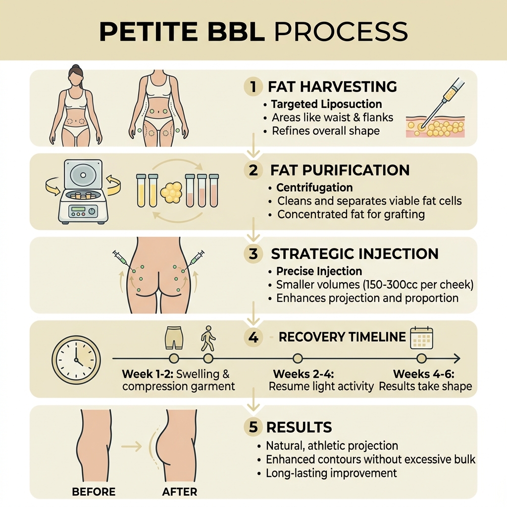 Petite BBL process infographic: fat harvesting, purification, strategic injection, recovery timeline, results - petite bbl